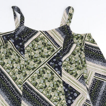Marks and Spencer Womens Green Geometric Polyester A-Line Size 14 Round Neck Pullover - Cold Shoulder