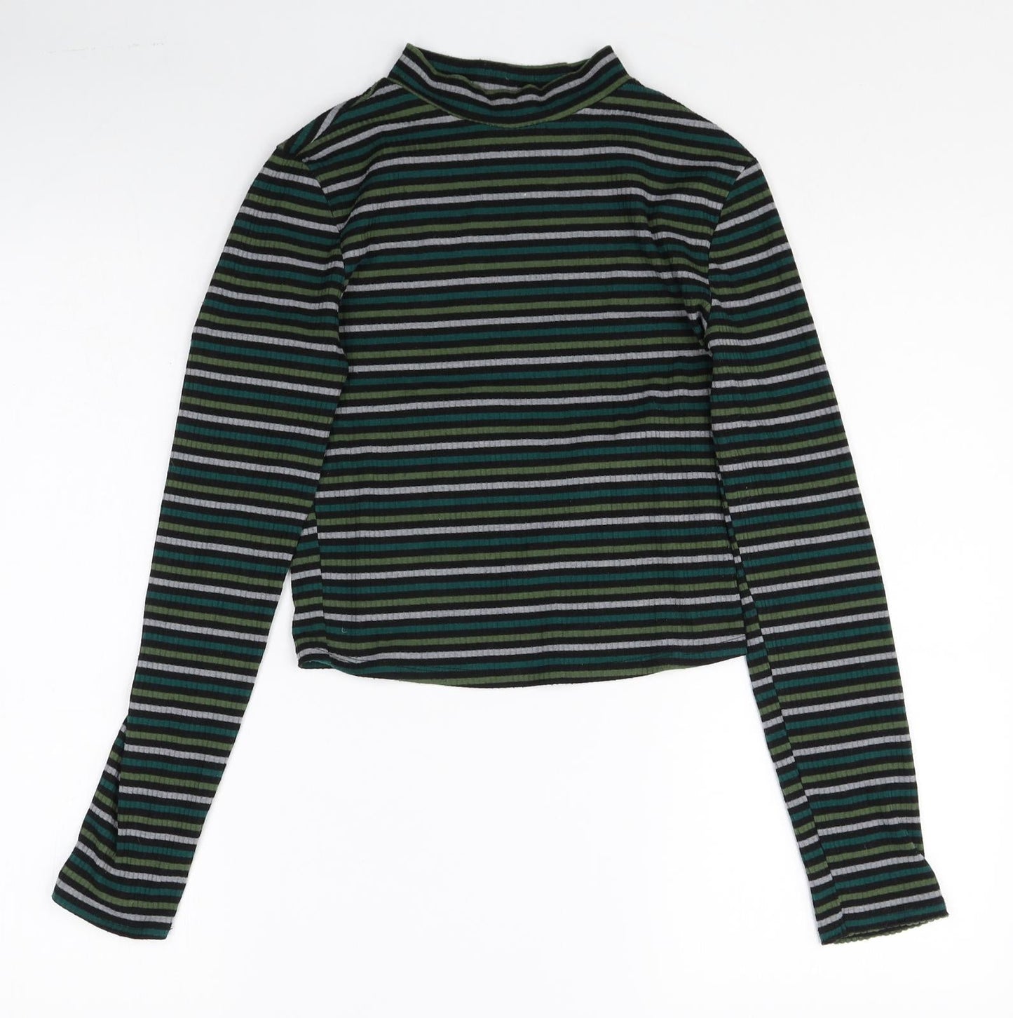 Primark Womens Multicoloured Striped Polyester Basic T-Shirt Size XS Mock Neck