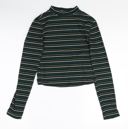 Primark Womens Multicoloured Striped Polyester Basic T-Shirt Size XS Mock Neck