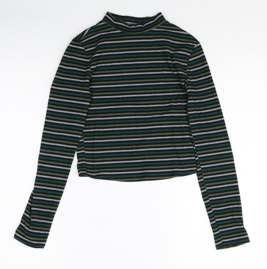 Primark Womens Multicoloured Striped Polyester Basic T-Shirt Size XS Mock Neck