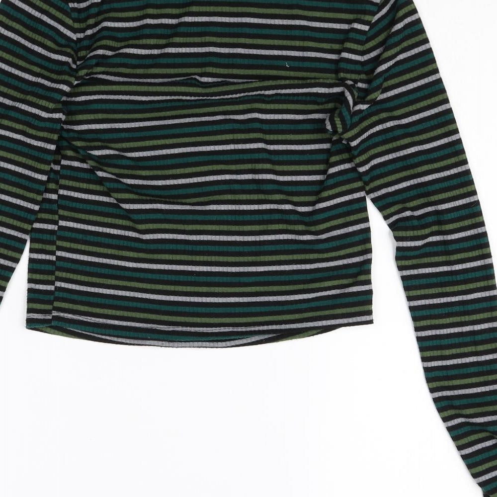 Primark Womens Multicoloured Striped Polyester Basic T-Shirt Size XS Mock Neck