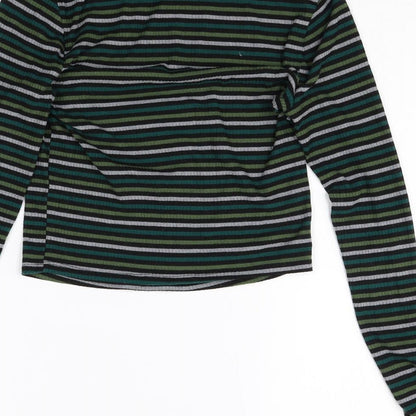 Primark Womens Multicoloured Striped Polyester Basic T-Shirt Size XS Mock Neck