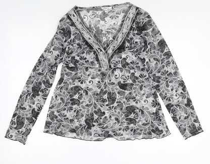 M&Co Womens Grey Geometric Polyester Basic Blouse Size 14 V-Neck