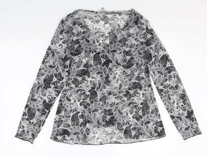 M&Co Womens Grey Geometric Polyester Basic Blouse Size 14 V-Neck