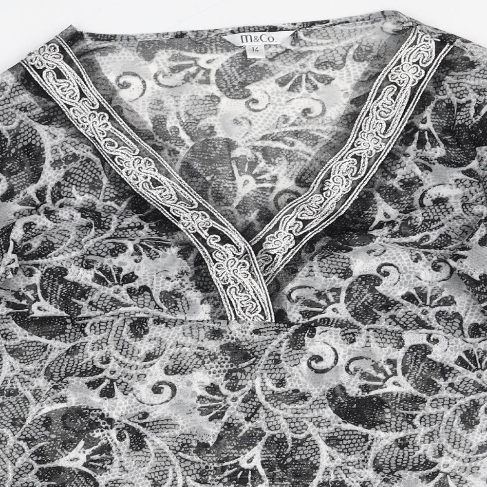 M&Co Womens Grey Geometric Polyester Basic Blouse Size 14 V-Neck