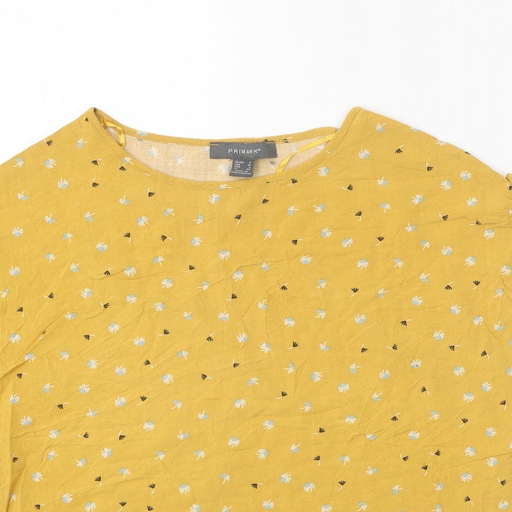 Primark Womens Yellow Floral Viscose Basic Blouse Size 8 Round Neck