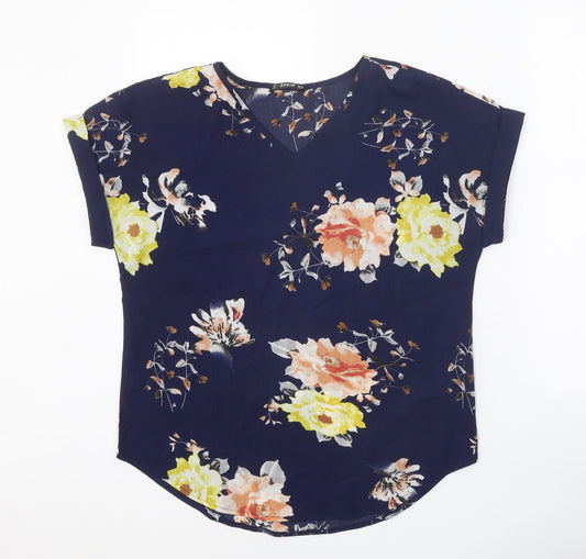 SheIn Womens Blue Floral Polyester Basic Blouse Size M V-Neck