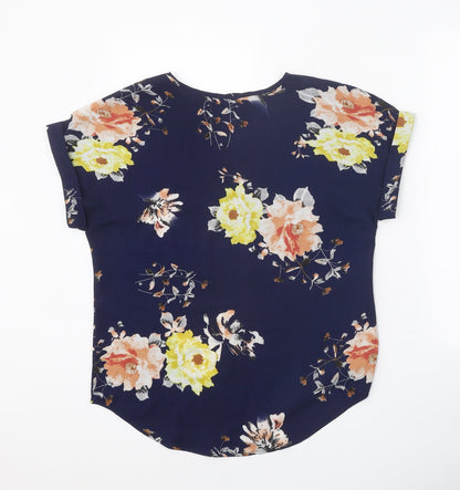 SheIn Womens Blue Floral Polyester Basic Blouse Size M V-Neck