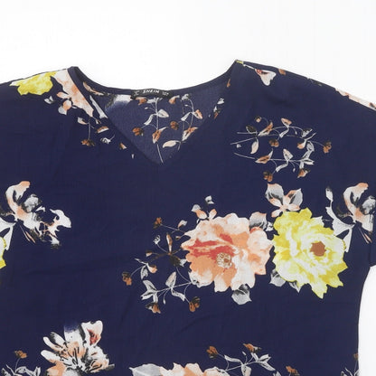 SheIn Womens Blue Floral Polyester Basic Blouse Size M V-Neck