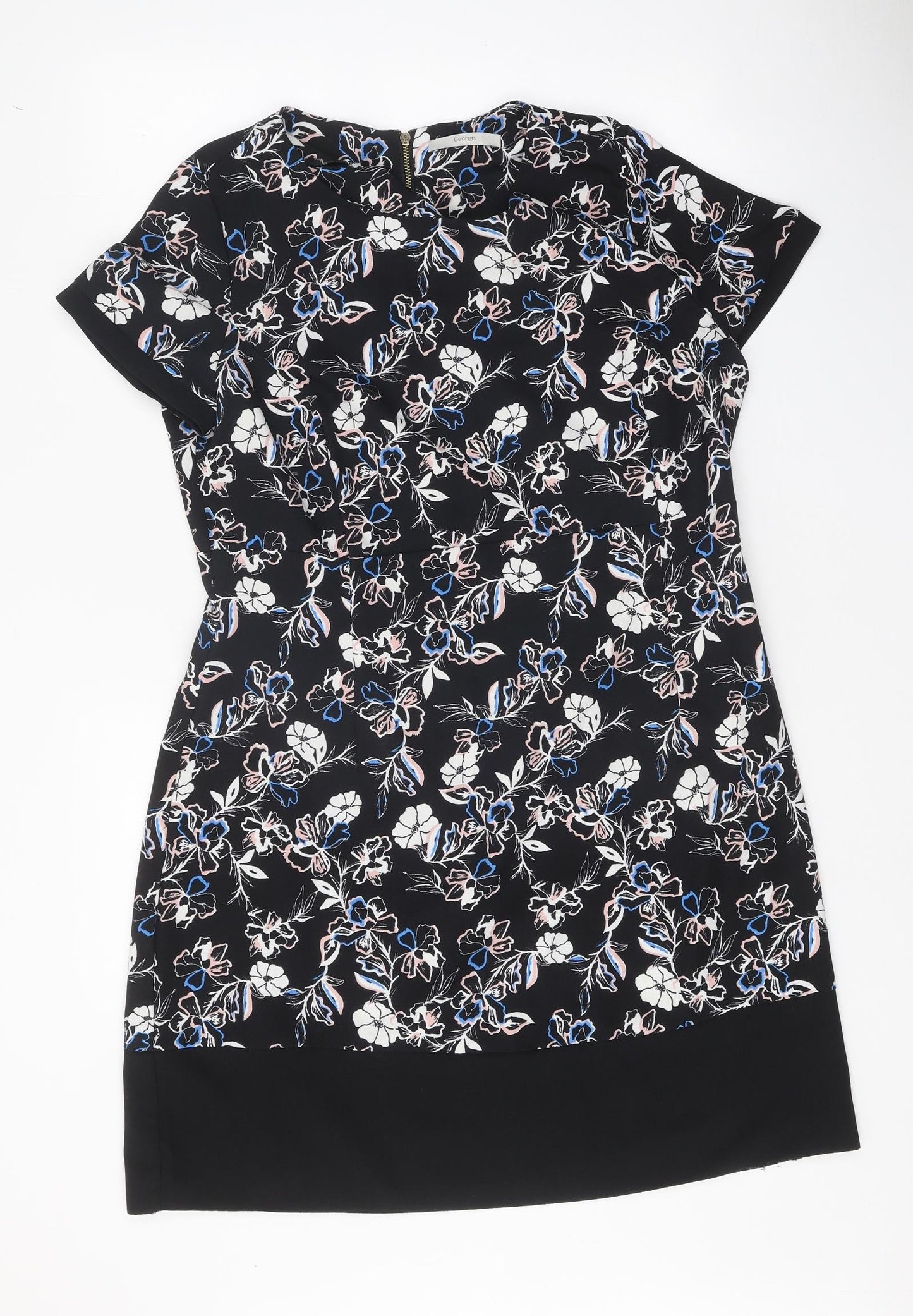 George Womens Black Floral Viscose Shift One Size Round Neck Zip