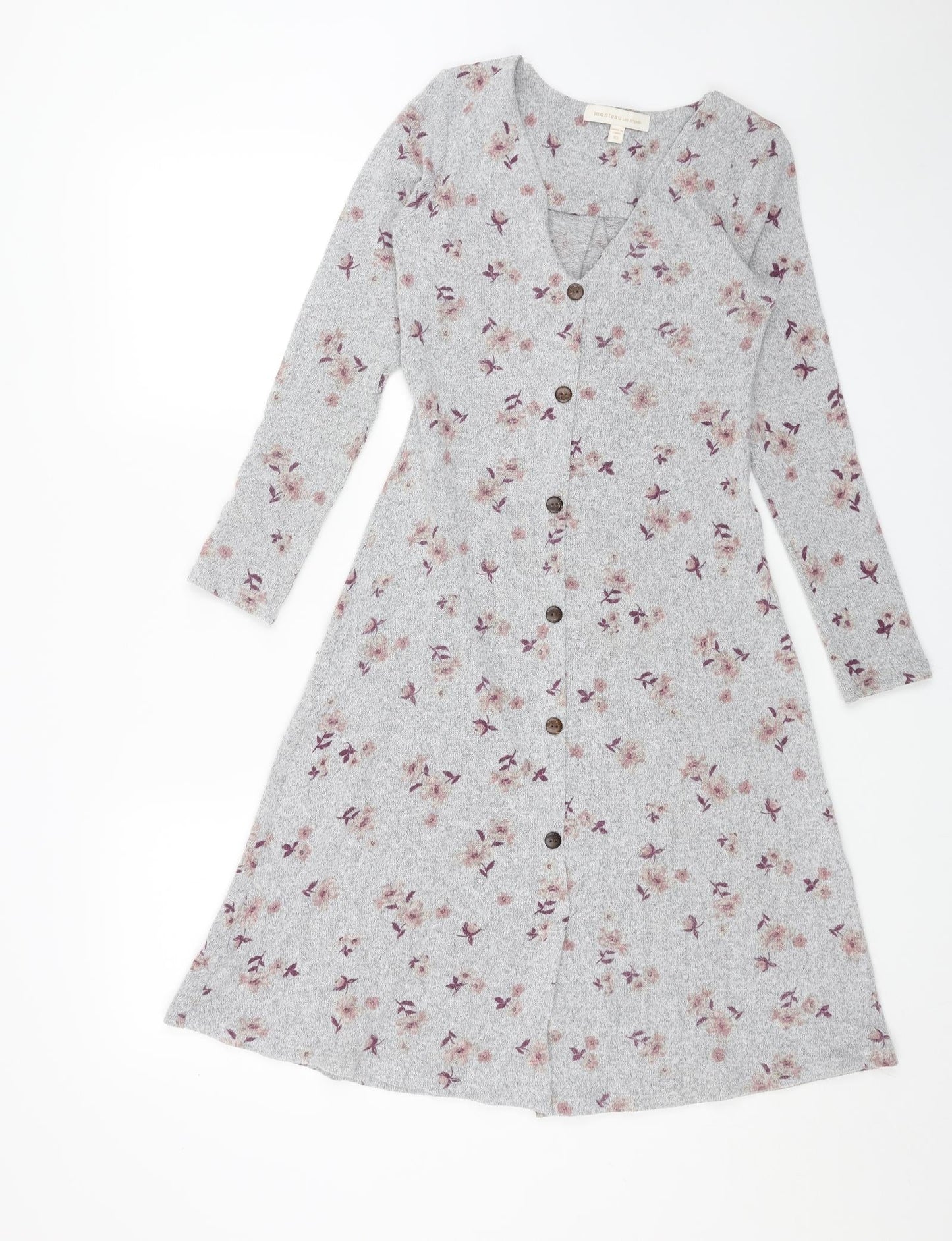 Monteau Womens Grey Floral Polyester A-Line Size XS V-Neck Pullover
