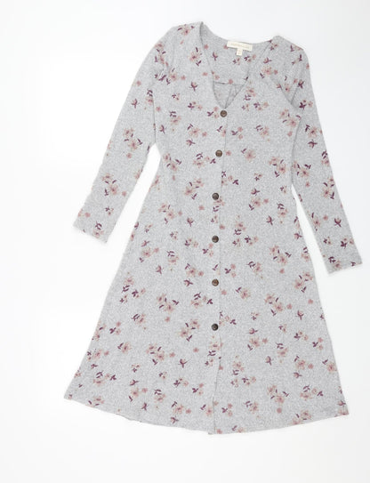 Monteau Womens Grey Floral Polyester A-Line Size XS V-Neck Pullover
