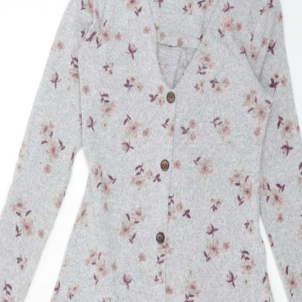 Monteau Womens Grey Floral Polyester A-Line Size XS V-Neck Pullover