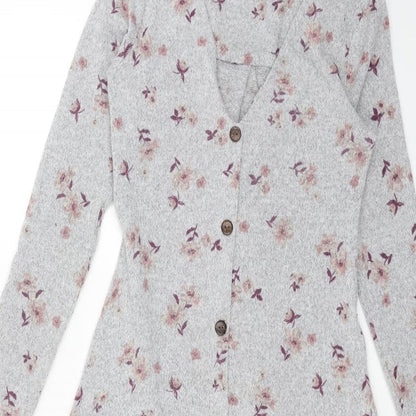 Monteau Womens Grey Floral Polyester A-Line Size XS V-Neck Pullover