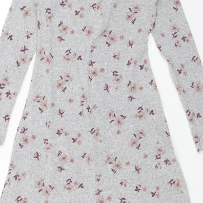 Monteau Womens Grey Floral Polyester A-Line Size XS V-Neck Pullover