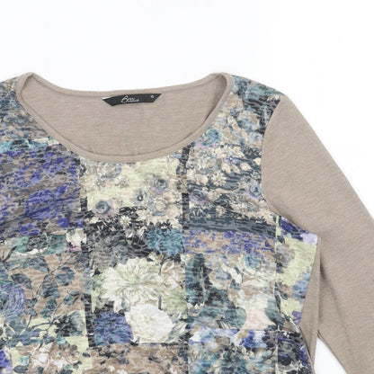 Bonmarché Womens Brown Geometric Cotton Basic Blouse Size 10 Round Neck