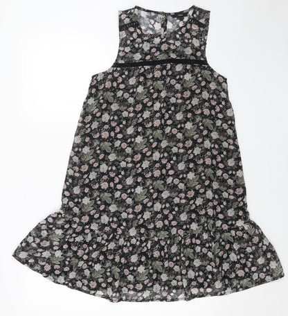 NEXT Womens Black Floral Polyester Tank Dress Size 10 Boat Neck Button