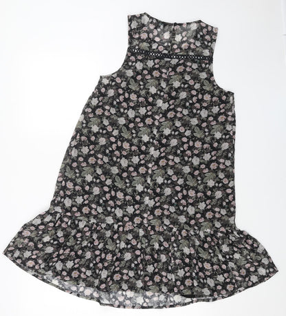 NEXT Womens Black Floral Polyester Tank Dress Size 10 Boat Neck Button