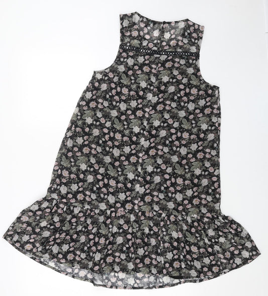 NEXT Womens Black Floral Polyester Tank Dress Size 10 Boat Neck Button