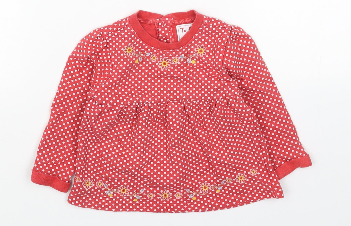 TU Girls Red Geometric Cotton Jumper Dress Size 6-9 Months Round Neck Button