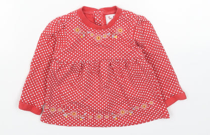 TU Girls Red Geometric Cotton Jumper Dress Size 6-9 Months Round Neck Button