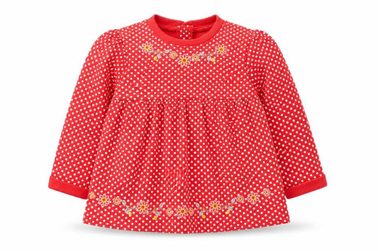 TU Girls Red Geometric Cotton Jumper Dress Size 6-9 Months Round Neck Button