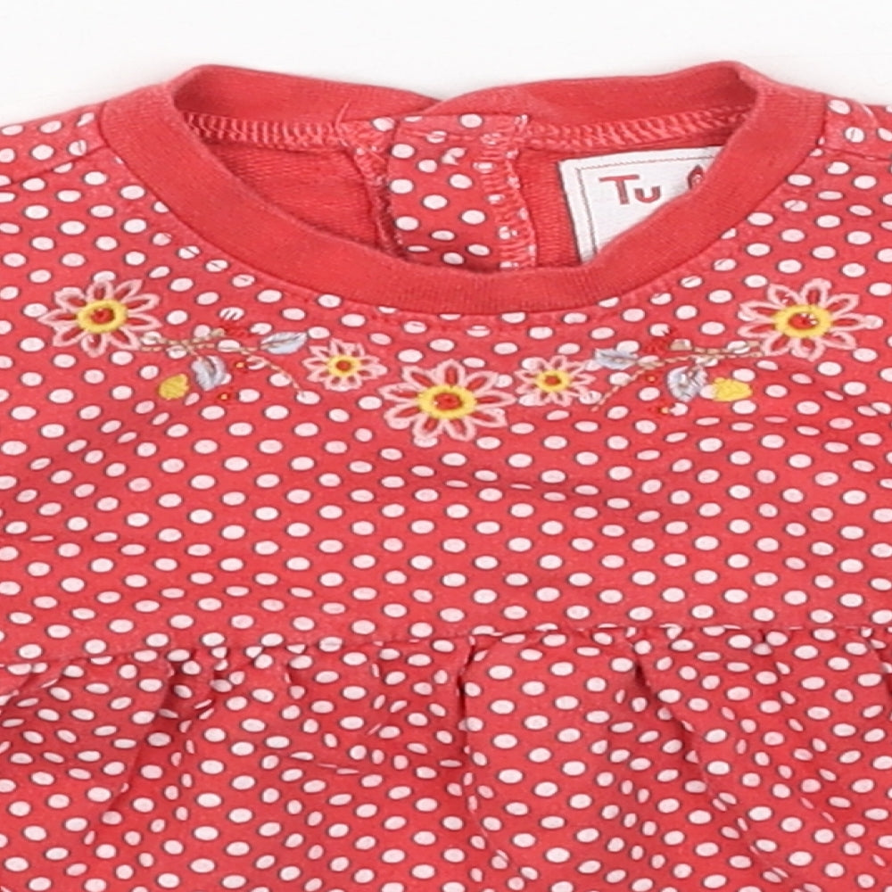 TU Girls Red Geometric Cotton Jumper Dress Size 6-9 Months Round Neck Button