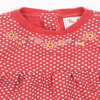 TU Girls Red Geometric Cotton Jumper Dress Size 6-9 Months Round Neck Button