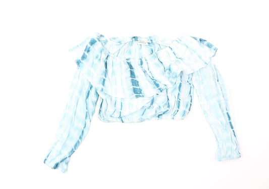 Glamorous Womens Blue Geometric Polyester Cropped Blouse Size 8 Off the Shoulder - Tie Dye Pattern