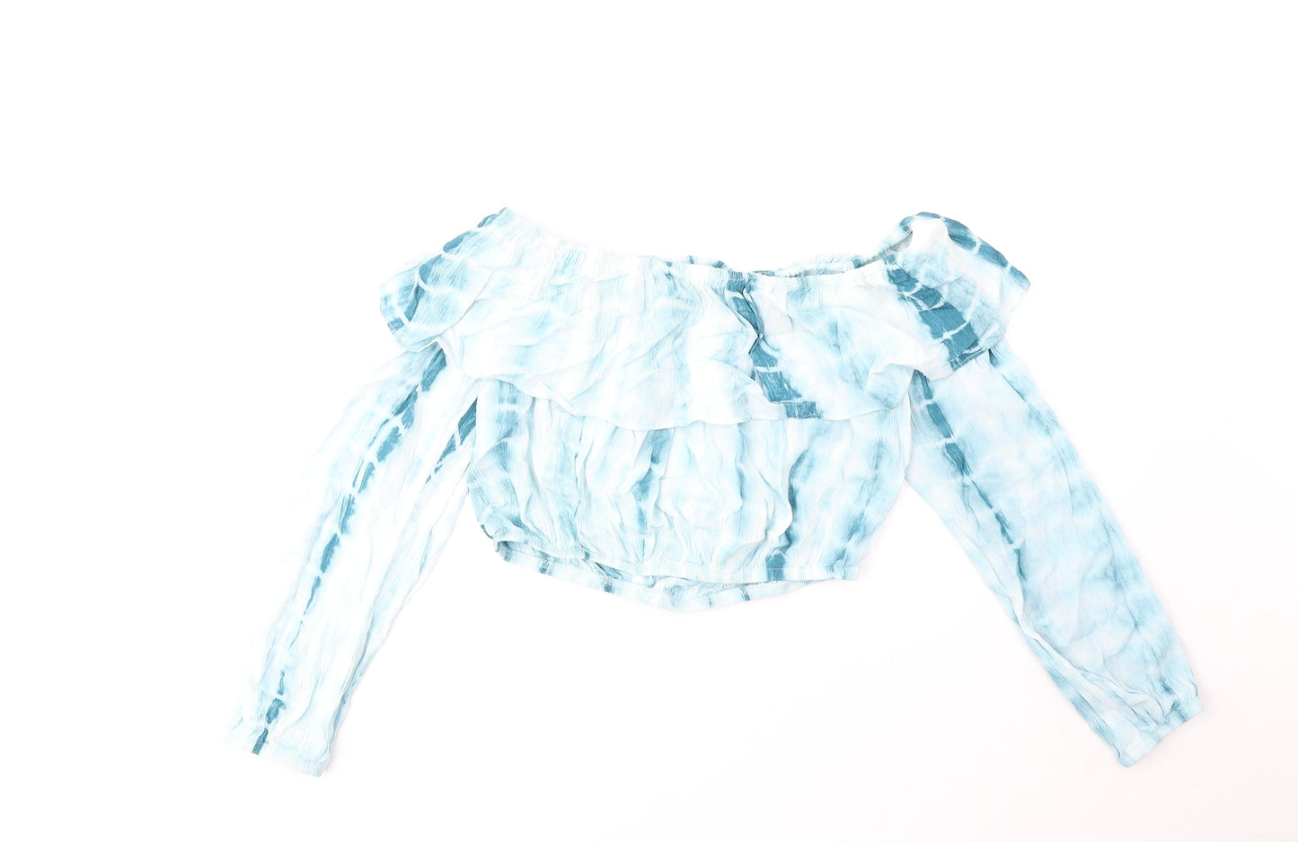 Glamorous Womens Blue Geometric Polyester Cropped Blouse Size 8 Off the Shoulder - Tie Dye Pattern