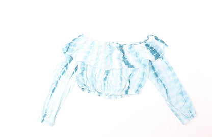 Glamorous Womens Blue Geometric Polyester Cropped Blouse Size 8 Off the Shoulder - Tie Dye Pattern