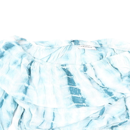 Glamorous Womens Blue Geometric Polyester Cropped Blouse Size 8 Off the Shoulder - Tie Dye Pattern