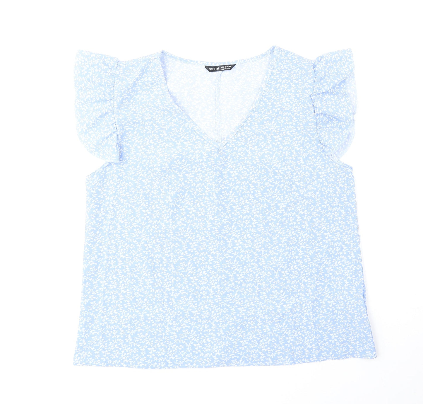 SheIn Womens Blue Floral Polyester Basic Blouse Size M V-Neck