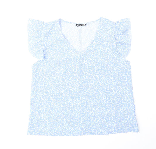 SheIn Womens Blue Floral Polyester Basic Blouse Size M V-Neck