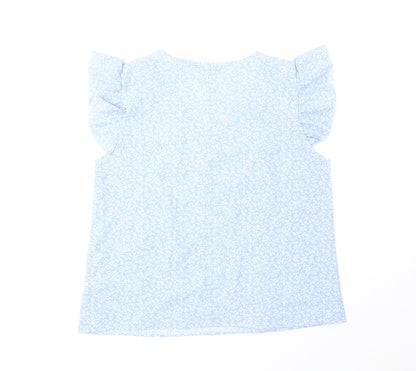 SheIn Womens Blue Floral Polyester Basic Blouse Size M V-Neck