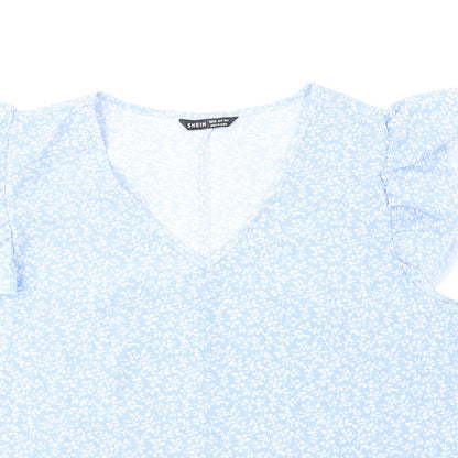 SheIn Womens Blue Floral Polyester Basic Blouse Size M V-Neck