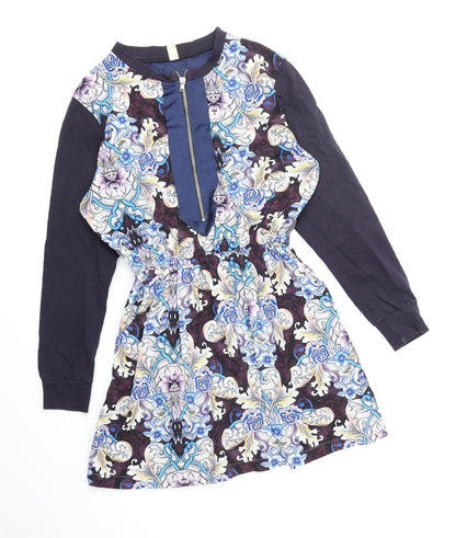 ASOS Womens Multicoloured Floral Polyester A-Line Size 10 Round Neck Zip