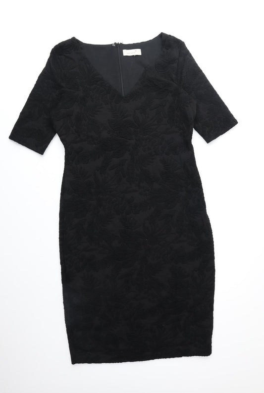 Per Una Womens Black Polyester Shift Size 12 V-Neck Zip - Floral Detail