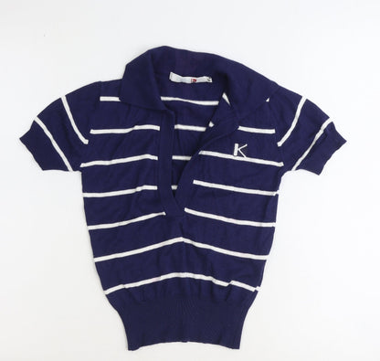 Kronk Womens Blue Collared Striped Cotton Pullover Jumper Size 8