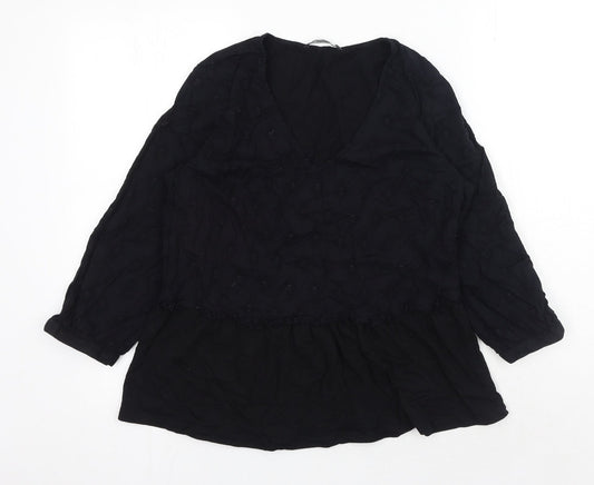 George Womens Black Cotton Basic Blouse Size 10 V-Neck