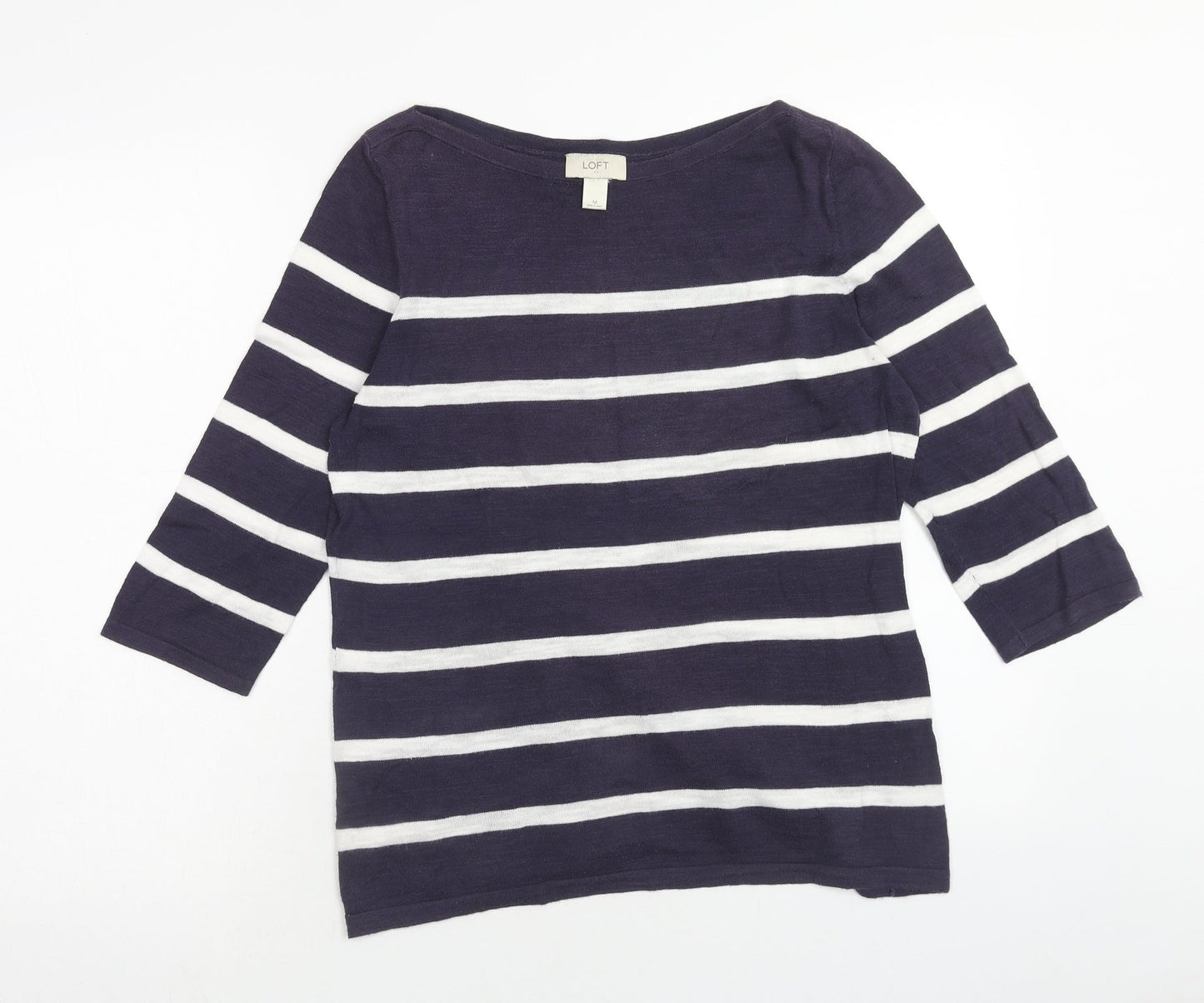 LOFT Womens Blue Striped Polyester Basic Blouse Size M Boat Neck