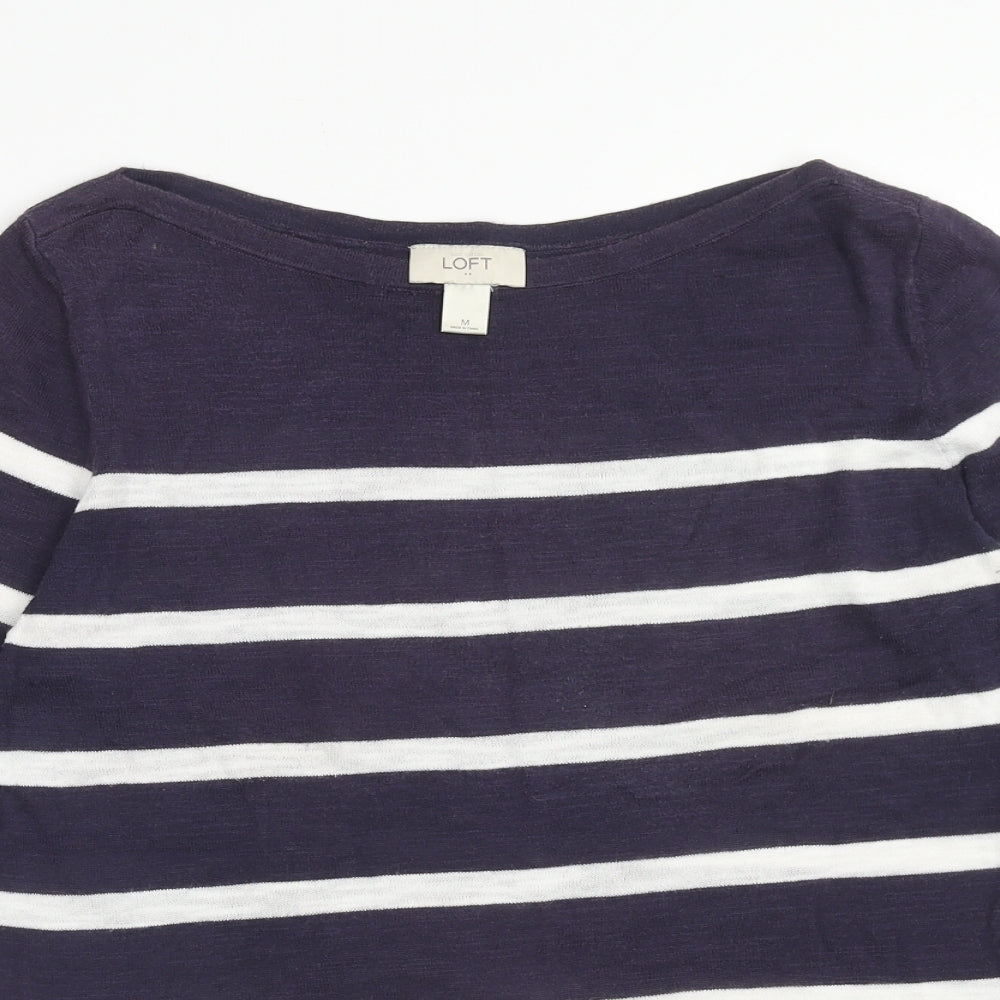 LOFT Womens Blue Striped Polyester Basic Blouse Size M Boat Neck