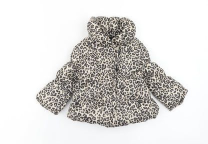 F&F Girls Brown Animal Print Puffer Jacket Jacket Size 6-9 Months Zip - Leopard Print