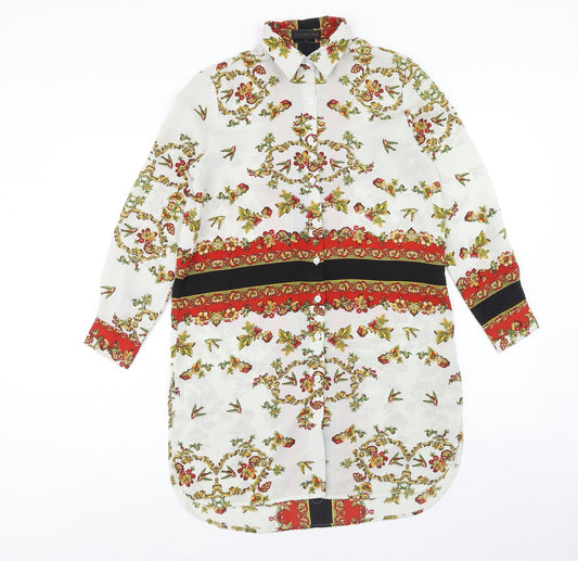 Love & Other things Womens White Geometric Polyester Shirt Dress Size XS Collared Button