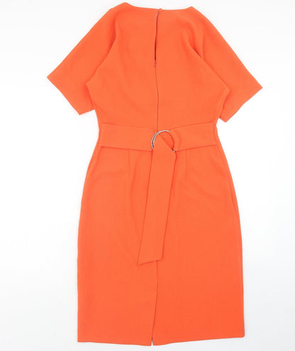 Warehouse Womens Orange Herringbone Polyester Sheath Size 10 Boat Neck Button