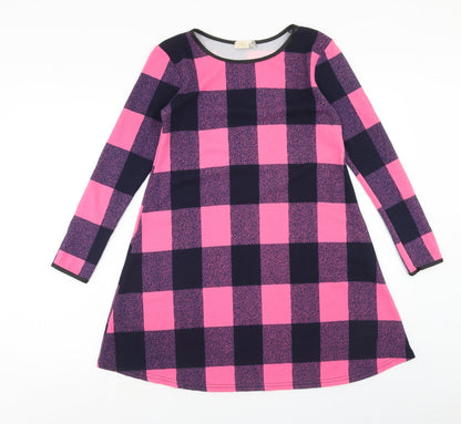 Silk Womens Pink Check Polyester Jumper Dress Size 10 Boat Neck Pullover