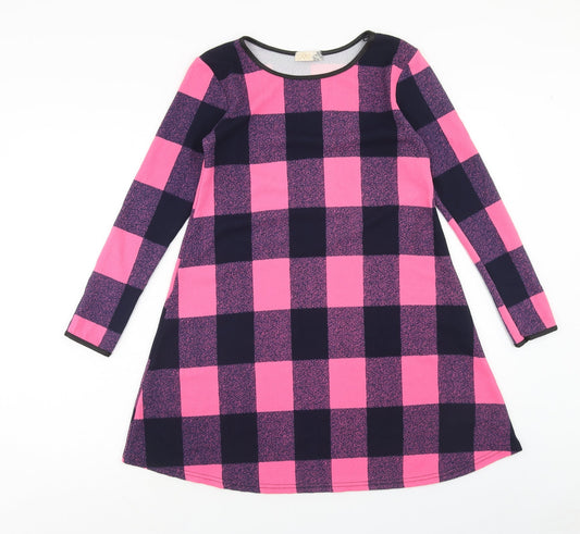 Silk Womens Pink Check Polyester Jumper Dress Size 10 Boat Neck Pullover