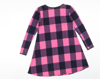 Silk Womens Pink Check Polyester Jumper Dress Size 10 Boat Neck Pullover