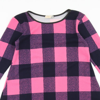 Silk Womens Pink Check Polyester Jumper Dress Size 10 Boat Neck Pullover