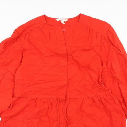 H&M Womens Red Herringbone Linen A-Line Size XS Roll Neck Button